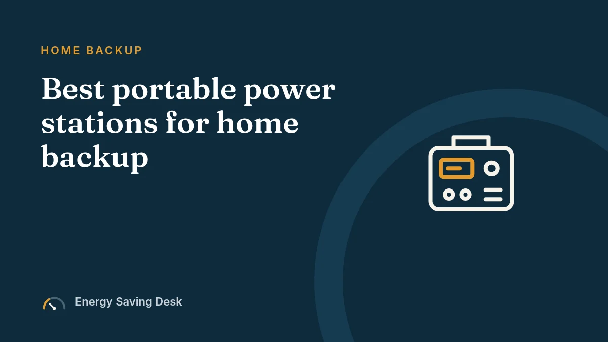 Energy Saving Desk title card: Best portable power stations for home backup, with a line illustration of a portable power station